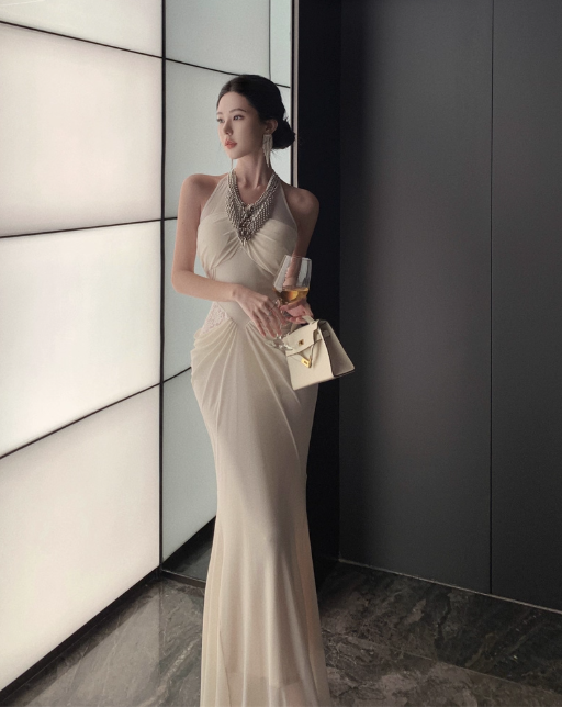 Vintage Ivory Halter Neck Mermaid Evening Gown Beaded Chiffon Prom Dress TP5143