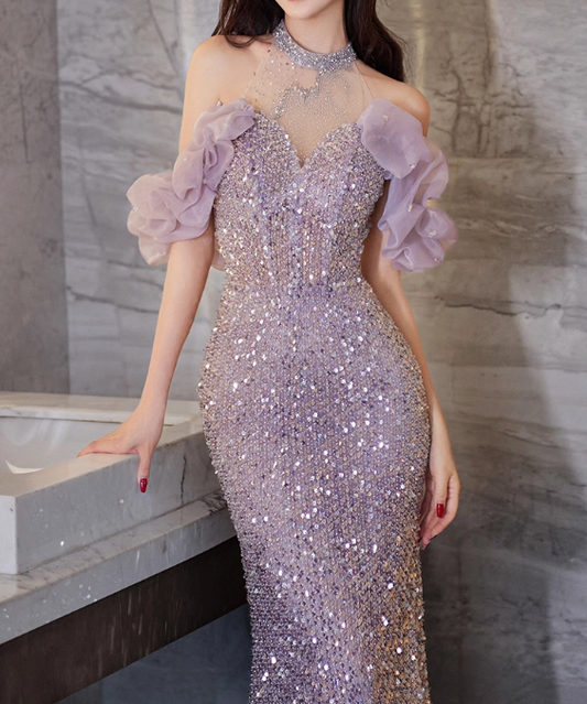 Elegant Sparkling Light Purple Sequin Mermaid Sheer Mock Neck Ruffled Cold-Shoulder Evening Gown TP5282