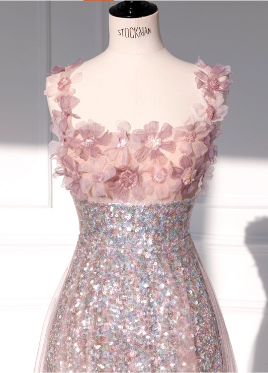 Elegant Pink Sequin Tulle 3D Floral Embellished Bodice A-Line Evening Gown TP5285