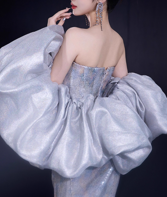 Glamorous Silver Beaded Mermaid Strapless Sweetheart Neckline Puff Sleeves Evening Gown TP5286