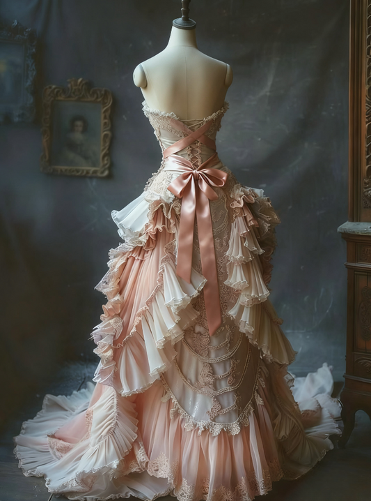 Vintage Pink Lace Ruffled Sweetheart Floral Tiered Corset Evening Gown TP5270