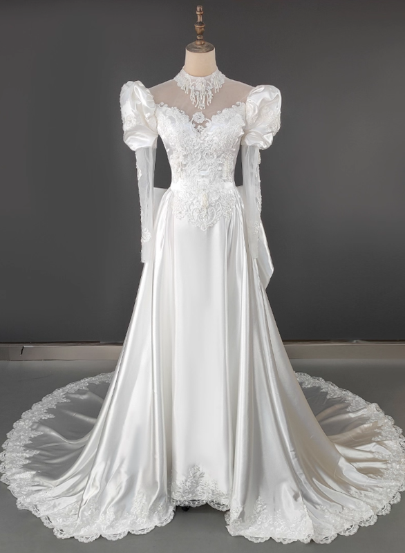 Glamorous White Satin Puff Sleeve A-Line Lace Applique Cathedral Train Wedding Dress TP5298