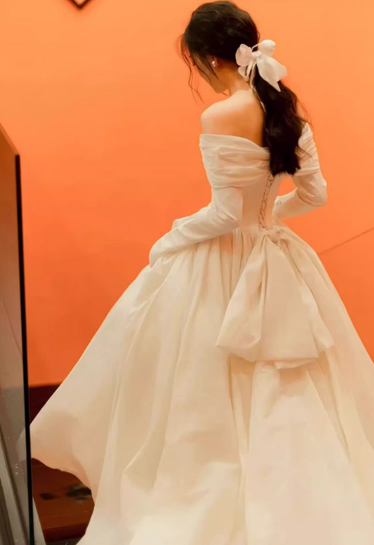 Glamorous Ivory Satin Off-Shoulder Long Sleeves A-Line Wedding Dress TP5304