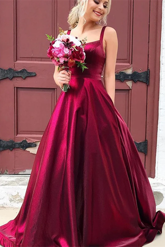 Burgundy A line Long Satin Spaghetti Straps Prom Dresses With Pockets,Sexy Formal Dresses