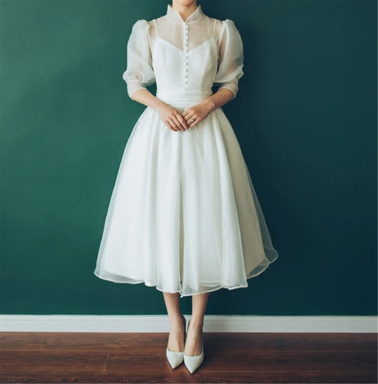 Ivory Organza Short Tea Length Wedding Dress,Vintage High Neck Wedding Dress,Short Bridal Dress S2186