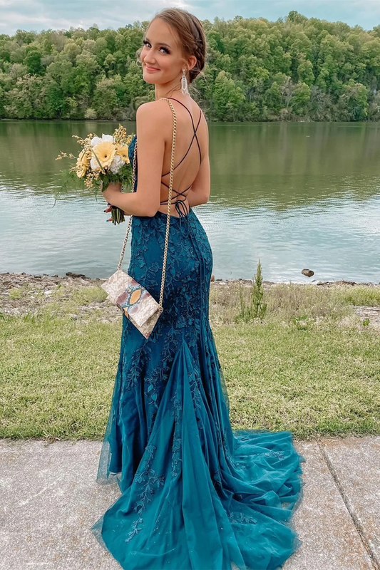 Mermaid Backless Blue Tulle Lace Long Prom Dresses, Blue Lace Formal Dresses, Mermaid Blue Evening Dresses S2428