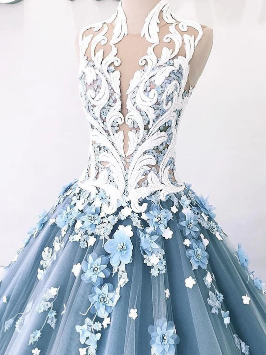 Vintage Ball Gown Prom Dress Tulle High Neck Customed Prom Dress