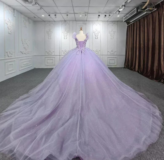 Shimmering Beaded Layered & Ruffled Deep V Neck Quinceañera Princess Ball Gown