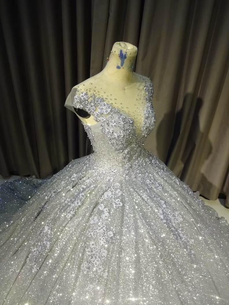 Sparkly Silver Gown, Silver Dress Princess Formal Evening Ball Gowns fg1856