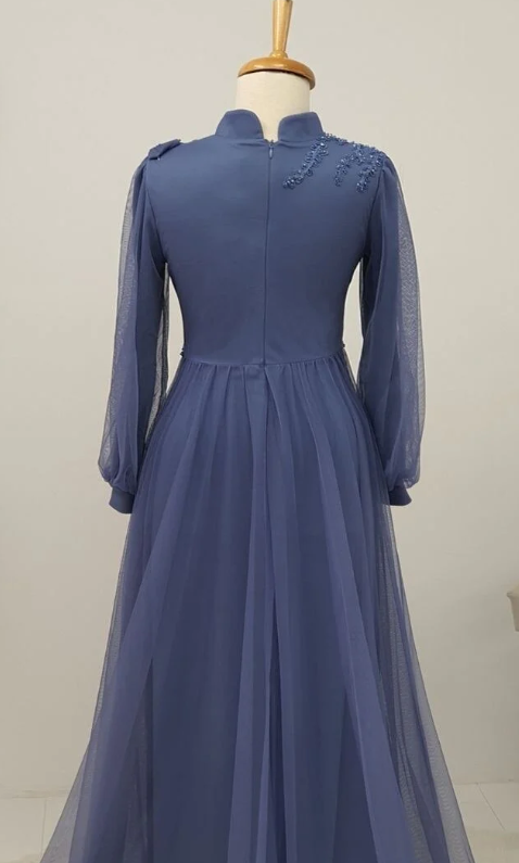 Long Tulle Appliques Full Sleeve Prom Dress High Neck A Line Evening Formal Party Gowns fg1472