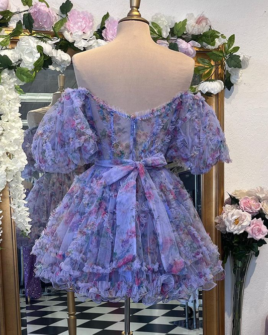 Floral Off the Shoulder Pleated Tulle Homecoming Dress S2616