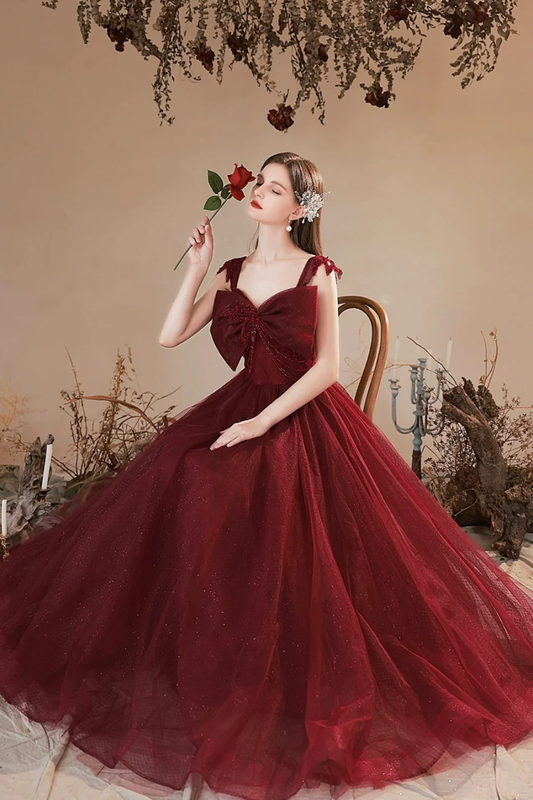 Burgundy Tulle A Line Long Prom Dresses with Bow, Long Burgundy Formal Graduation Evening Dresses S5386