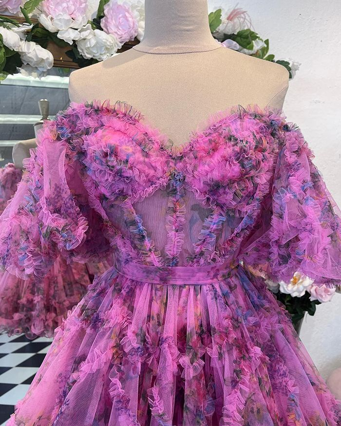 Floral Off the Shoulder Pleated Tulle Homecoming Dress S2616