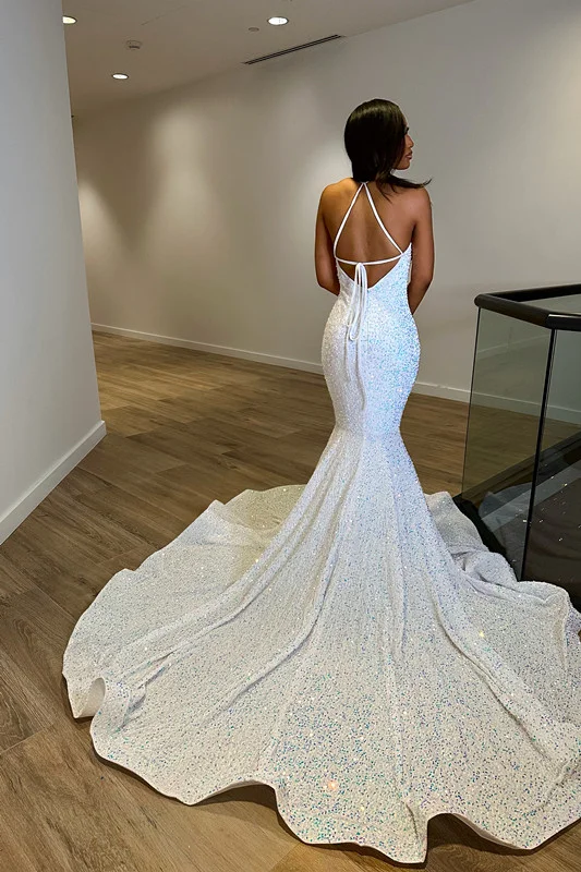 Fantasy White Evening Dress Sequins Sleeveless V Neck Halter Prom Dress S3865