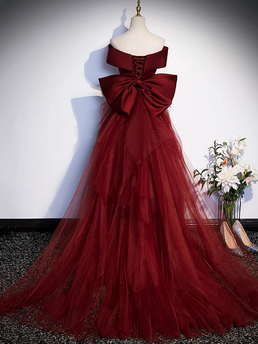Burgundy V-Neck Satin Long Prom Dress, Mermaid Off Shoulder Evening Dress with Bow S2575