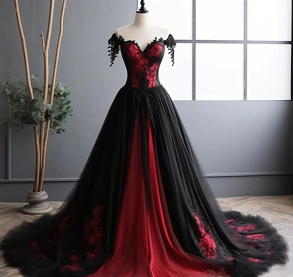 Elegant Black And Red Tulle With Lace Off Shoulder Gown, Black And Red Prom Dress S5194