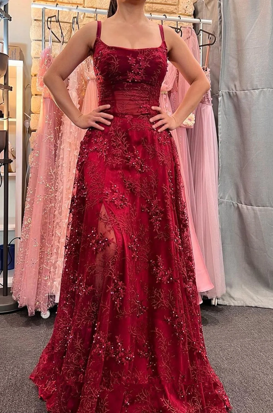Wine Red Lace Scoop Straps A-Line Prom Dress, Wine Red Evening Dress S5176