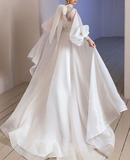 Halter Neck Organza Wedding Dresses Puff Sleeve Bride Gown Floor Length Wedding Gown S2589