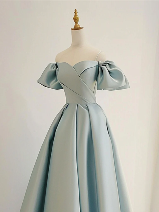 A-Line Sweetheart Neck Satin Blue Long Prom Dress, Blue Long Formal Dress S5279