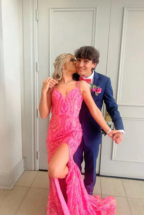 Pink Mermaid V-Neck Sequined Long Prom Dress, Evening Dress With Slit S4979