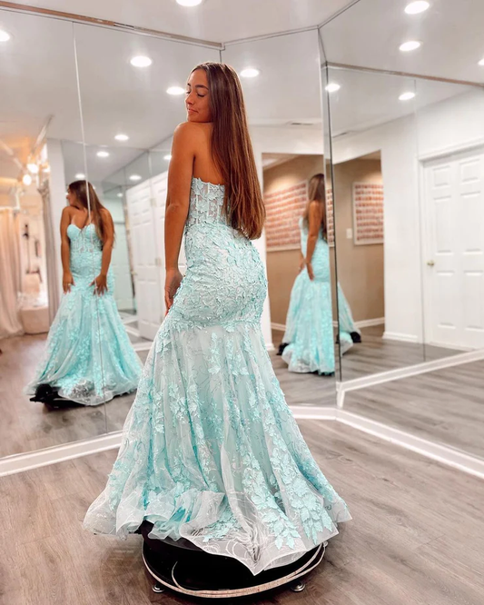 Cute Mermaid Sweetheart Mint Lace Long Prom Dresses S2461