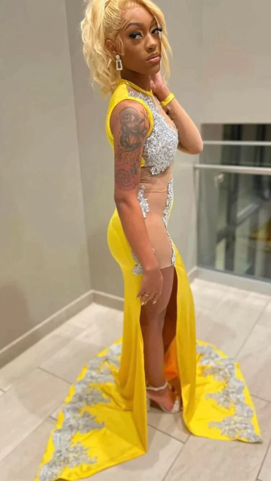 black girl yellow lace evening dresses,silver lace prom dresses, sexy evening dresses S2488