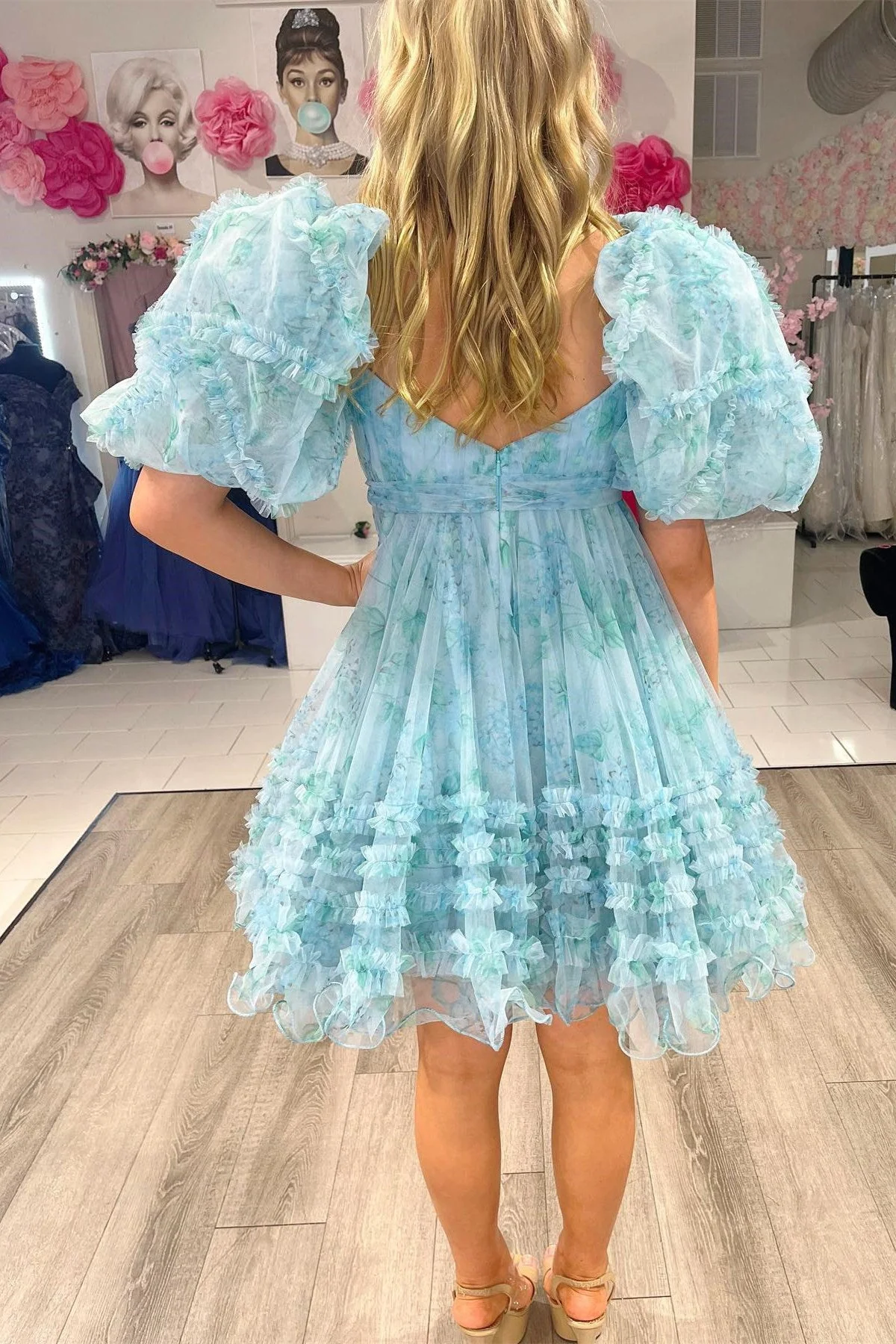 Blue Floral Print Short Baby Doll Homecoming Dress with Balloon Sleeves S2614