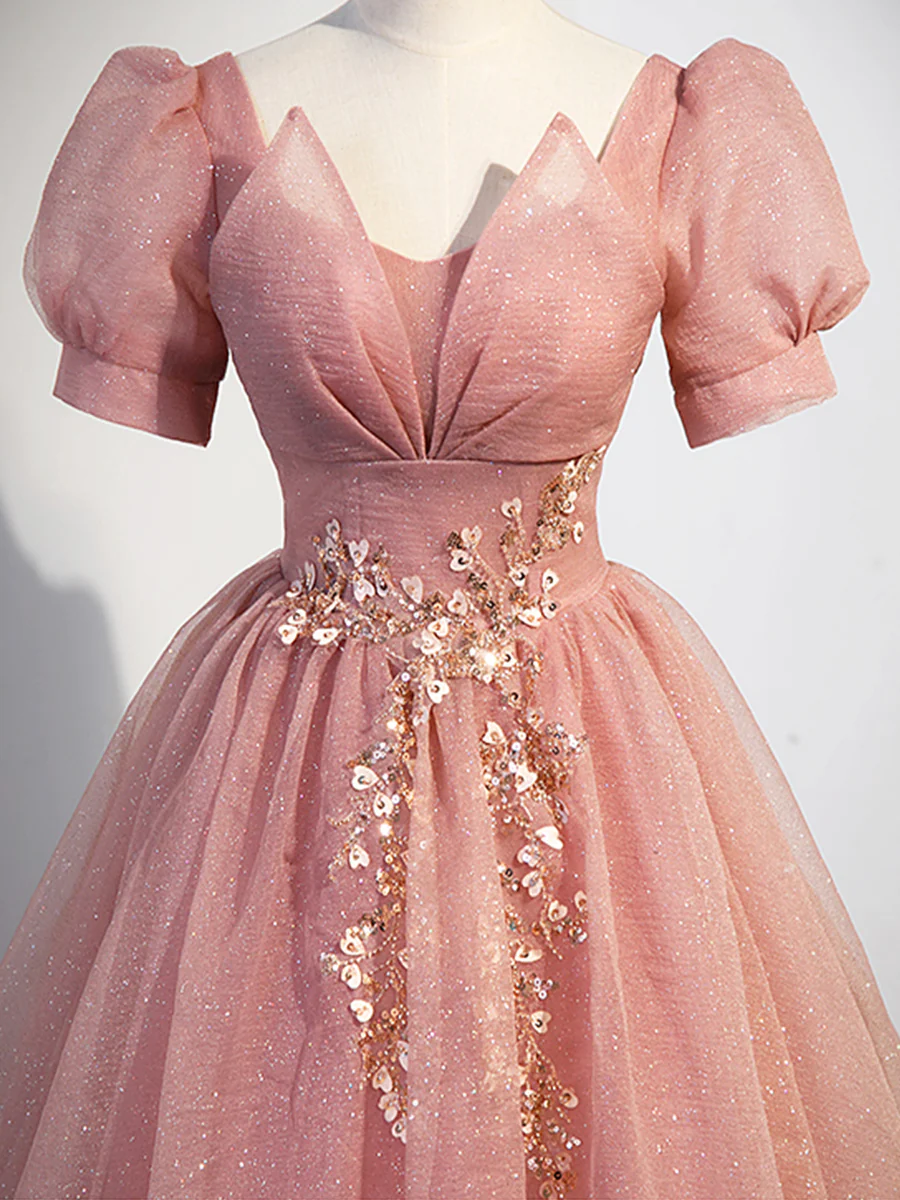 Beautiful Pink Tulle Floor Length Prom Dress with Short Sleeve P619