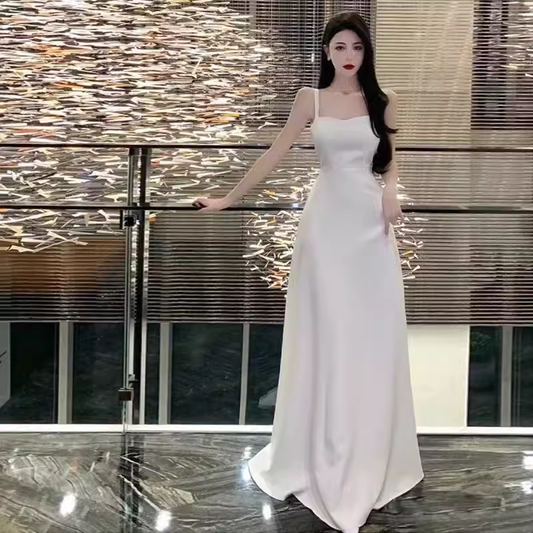 Princess A line Straps White Long Prom Dresses P1008