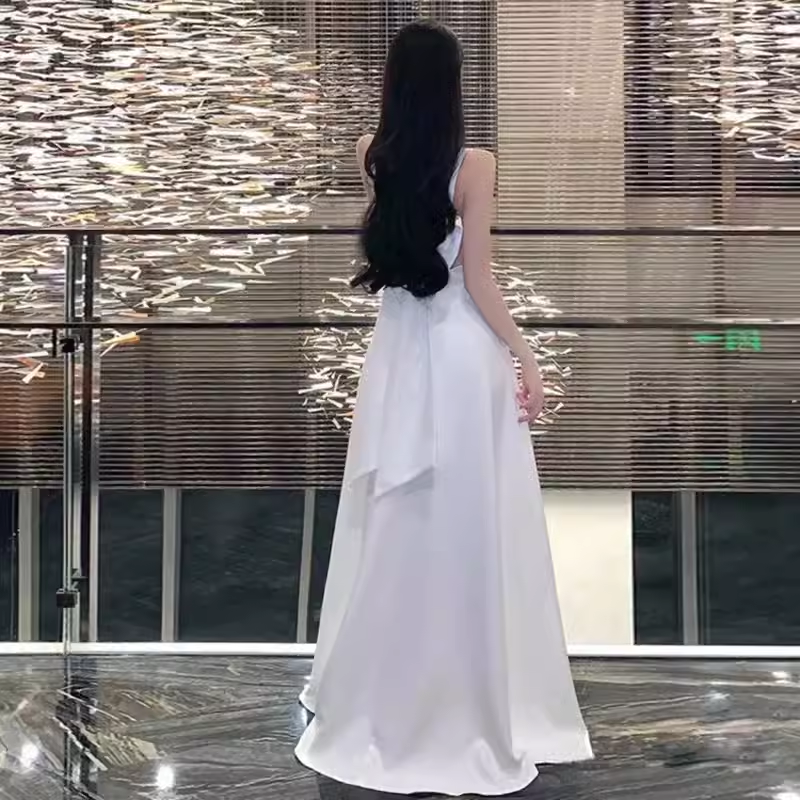 Princess A line Straps White Long Prom Dresses P1008
