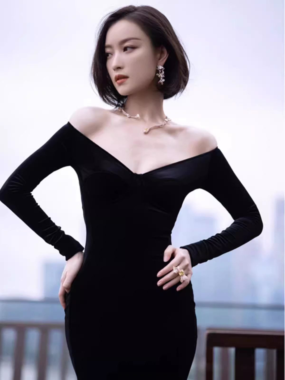 Sexy Mermaid Black Long Sleeves Velvet Prom Dresses P1015