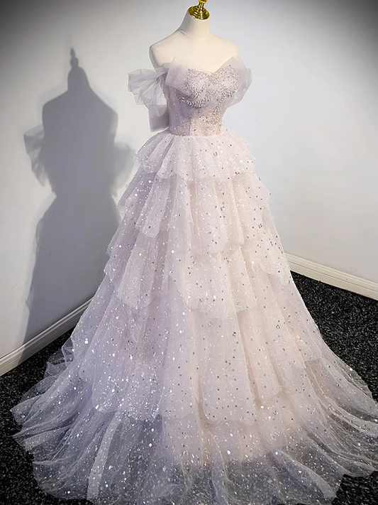 Ball Gown Off Shoulder Tulle Sequin Light Pink Long Prom Dress P1583