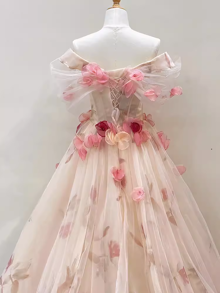 Ball Gown Champagne Floral Prom Dress Long Party Dresses P1608