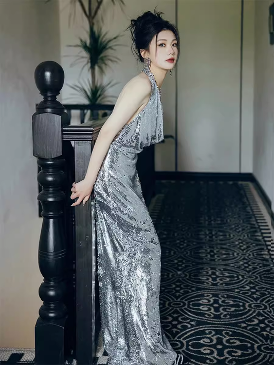 Sexy Mermaid Silver Sequin Prom Dresses Evening Dress P2155