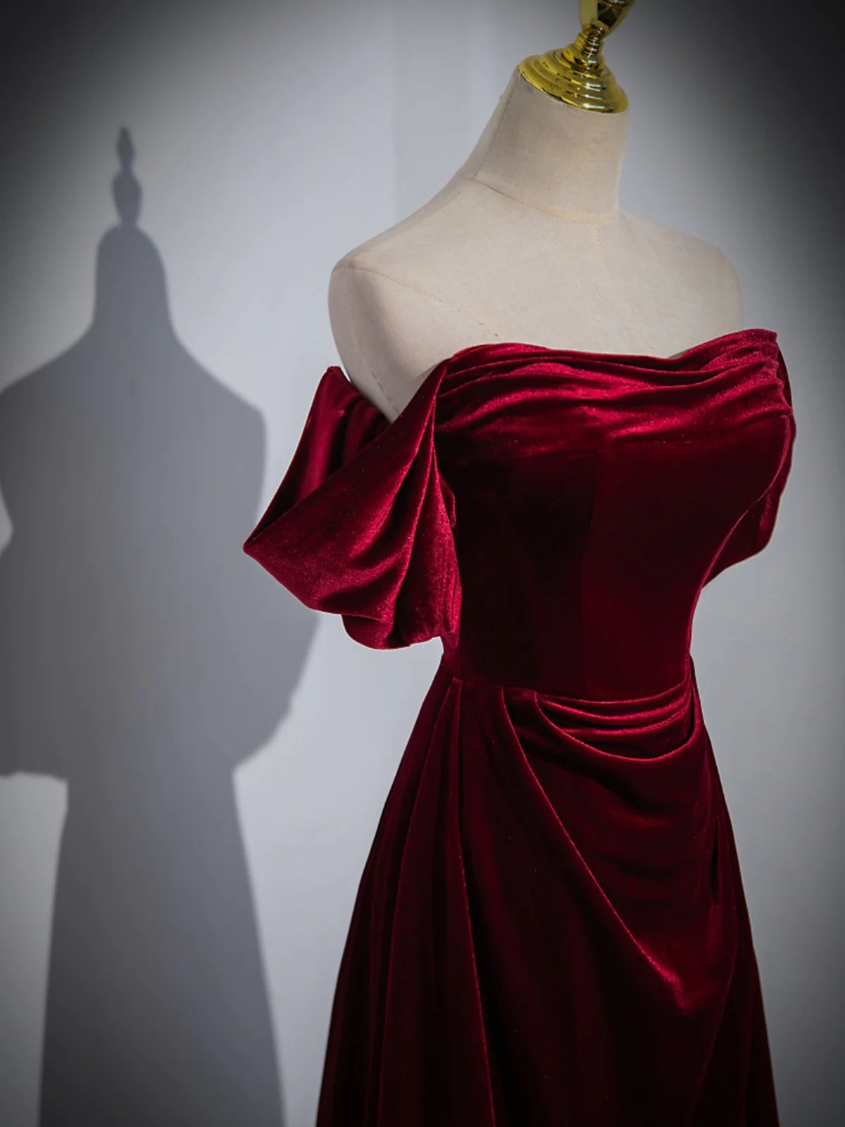 Wine Red Velvet Off Shoulder A-Line Long Party Dress, Wine Red Floor Length Prom Dress Y5655