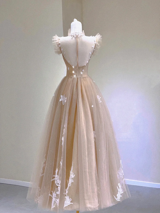 Champagne Lace Tea Length Prom Dresses, A-Line Evening Dresses Y6471