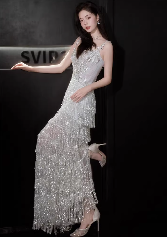 Glitter Spaghetti Straps Silver Satin Beaded Layered Tassel Long Party Dress Evening Gown