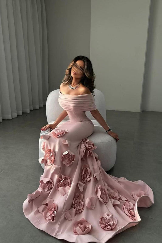 Romantic Off-Shoulder Pink Mermaid Prom Dress with Floral Train