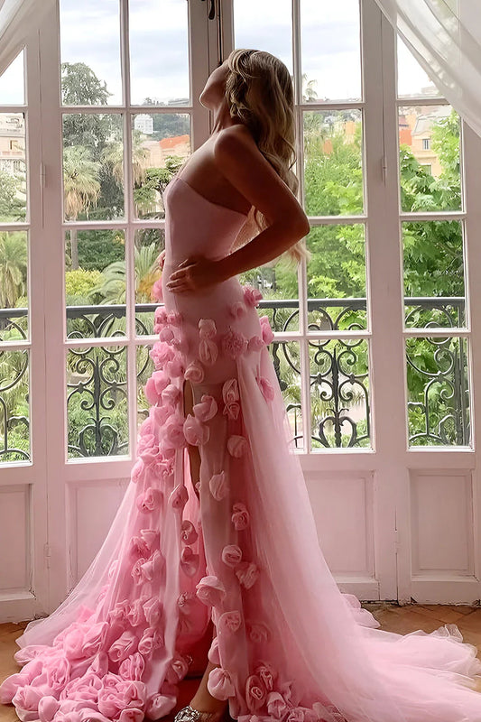 Sexy A line Sweetheart Sleeveless Party Dress Pink Slit Flowers Prom Dress P861