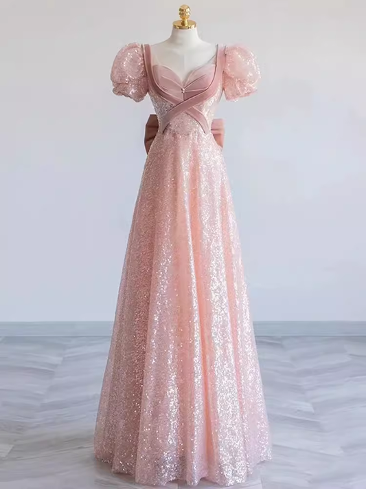 Pretty A line Sweetheart Short Sleeves Long Evening Party Dress Pink Prom Dresses PD0053