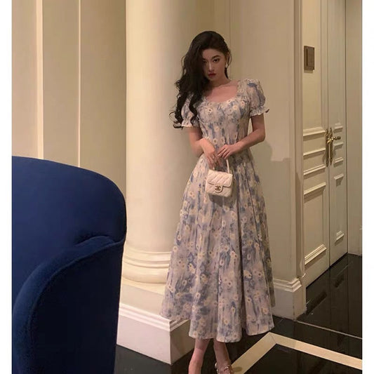 Classy A line Square neckline Blue Chiffon Long Prom Dresses Birthday Outfits Evening Gown