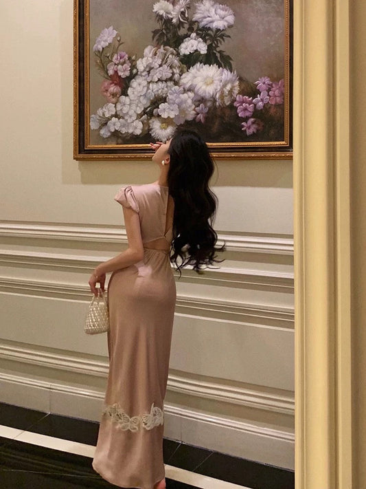 Sexy French Sheath V Neckline Long Pink Prom Dresses Birthday Outfits Evening Gown