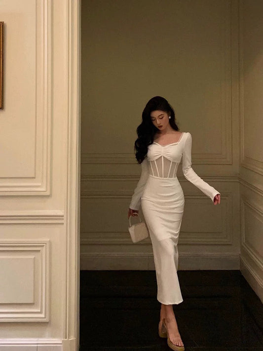 Classy Sheath Long Sleeves White Prom Dresses Birthday Outfits Evening Gown