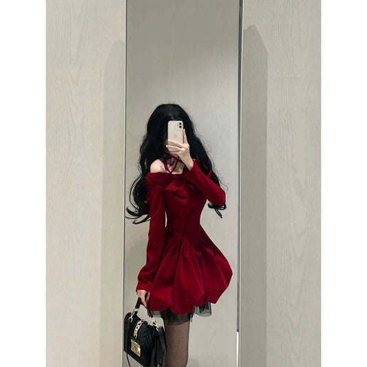 Chic Ball Gown Long Sleeves Red Velvet Party Dress Birthday Dresses Birthday Outfits