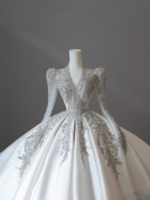 Princess Ball Gown V Neckline Long Sleeves Pleats Beads White Satin Wedding Dresses