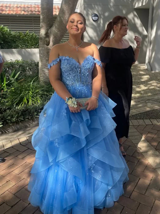 Off the Shoulder Fluffy Light Blue Lace Long Prom Dresses, Light Blue Lace Formal Evening Dresses S7195