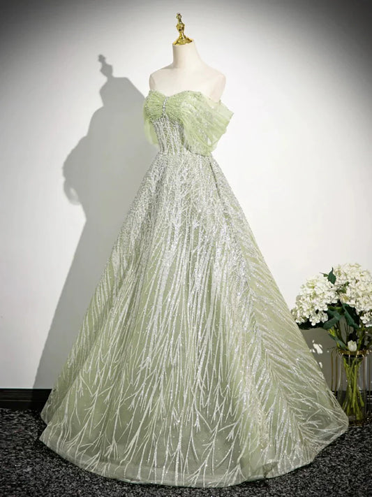 Green Tulle Sequins Long Prom Dress, Beautiful Off the Shoulder Party Dress S7191