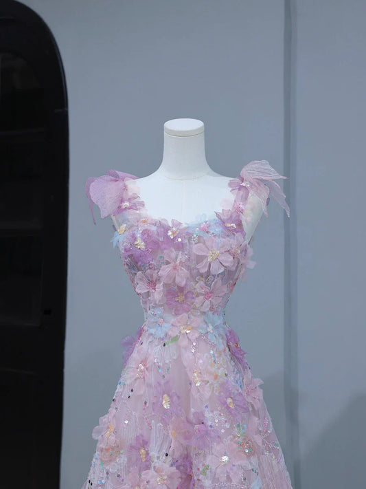 A-Line Purple Pink Tulle Flowers Long Prom Dress, Beautiful Evening Party Dress S7190