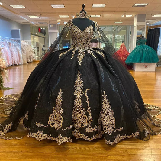 Vintage black Quinceanera dresses with cape light gold applique birthday dress ball gown corset dress S7164
