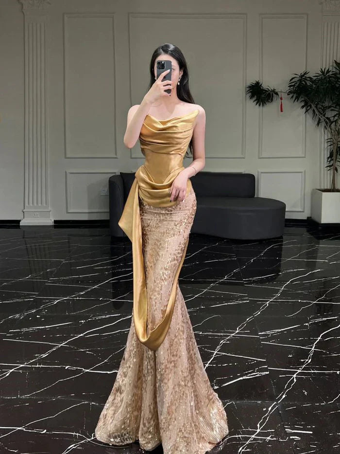 Gorgeous Sparkling Golden Cowl Neck Strapless Mermaid Prom Dress Evening Dress TP4345